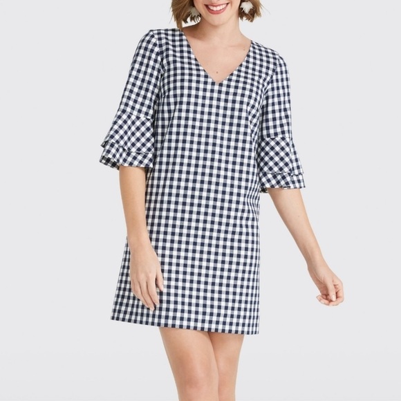 NWT DRAPER JAMES Navy Blue White Gingham Bell Sleeve Mini Shift Dress, Size 0 - Picture 1 of 6
